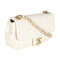 White Shiny Quilted Lambskin Pearl Chain Mini Flap Bag