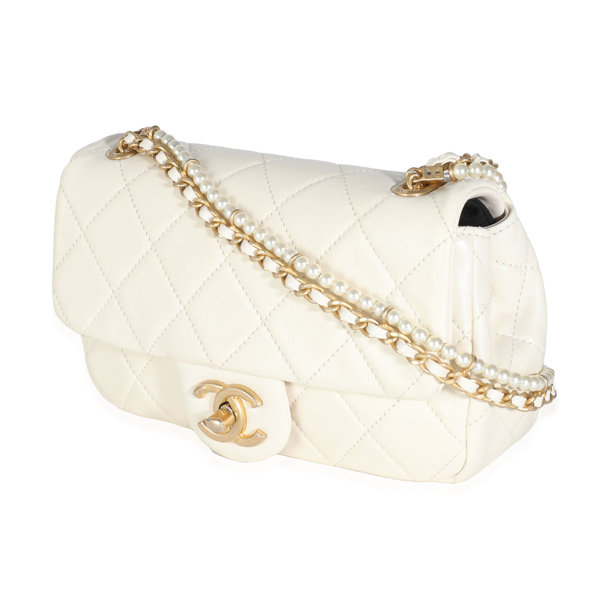 White Shiny Quilted Lambskin Pearl Chain Mini Flap Bag