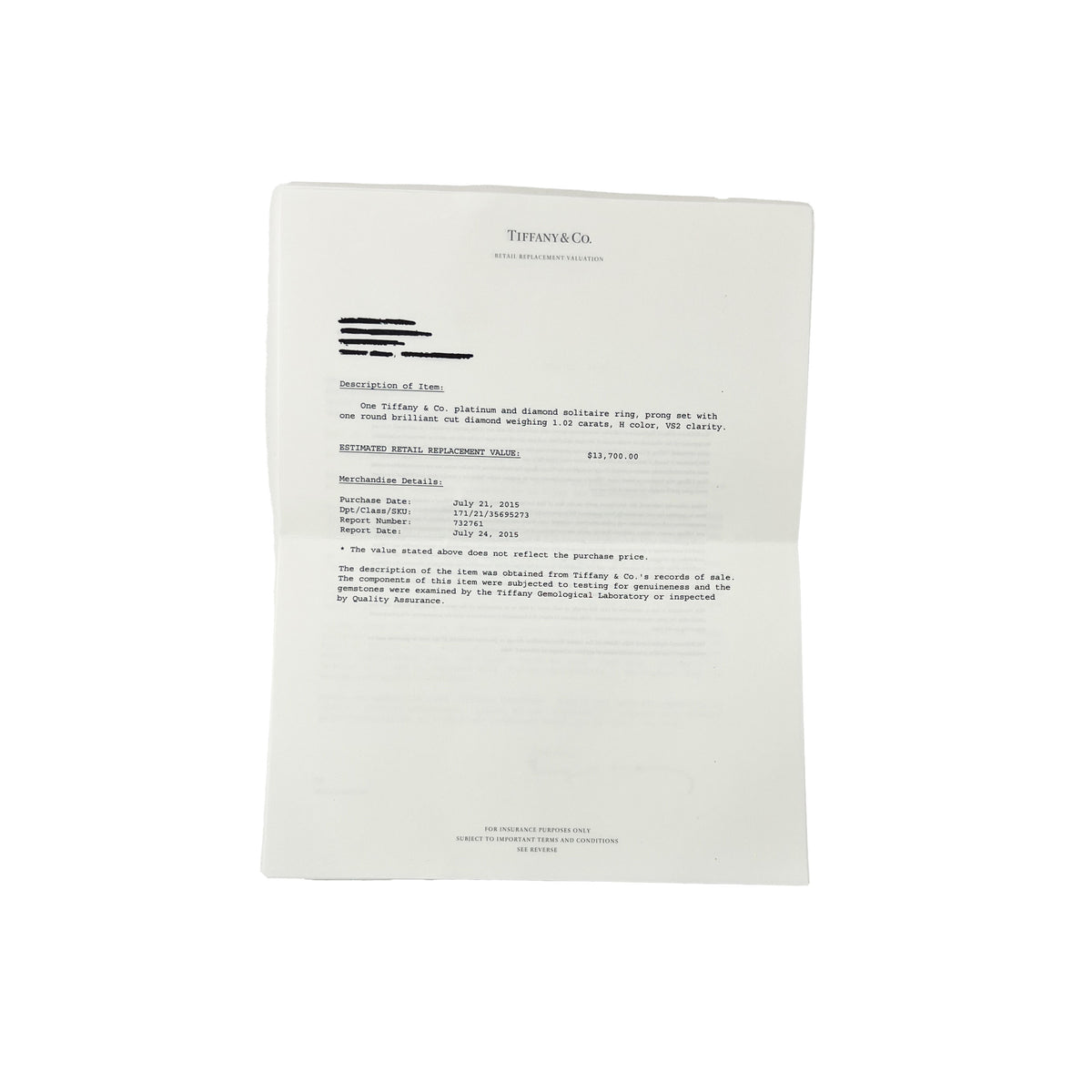 Tiffany Solitaire Engagement Ring in  Platinum H VS2 1.02 CTW
