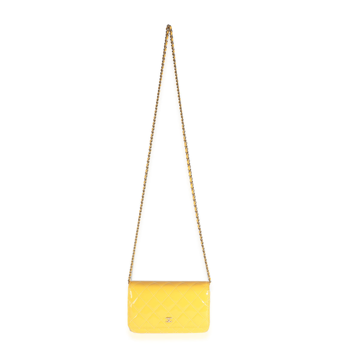 23A Yellow Quilted Patent Classic Wallet On Chain