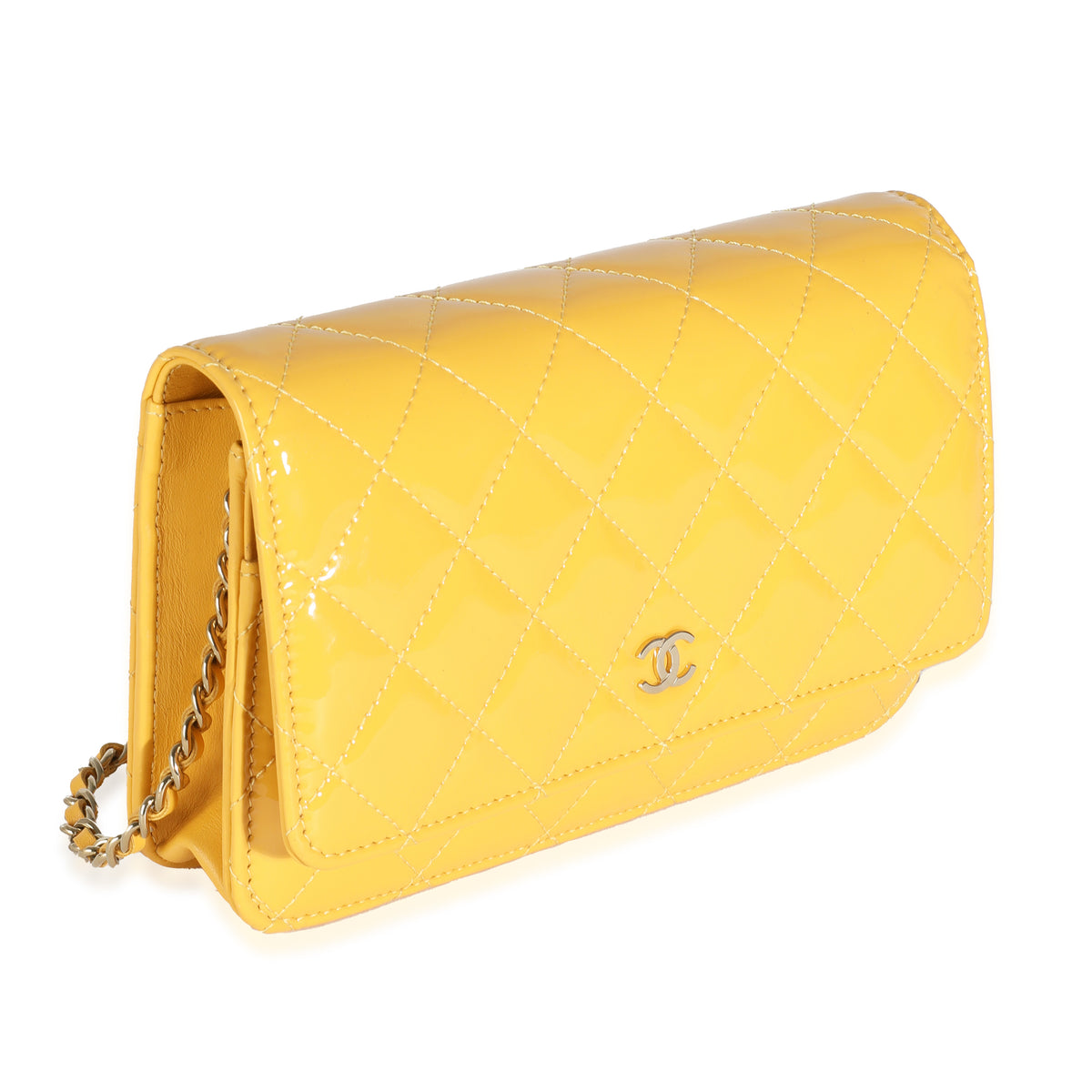 23A Yellow Quilted Patent Classic Wallet On Chain