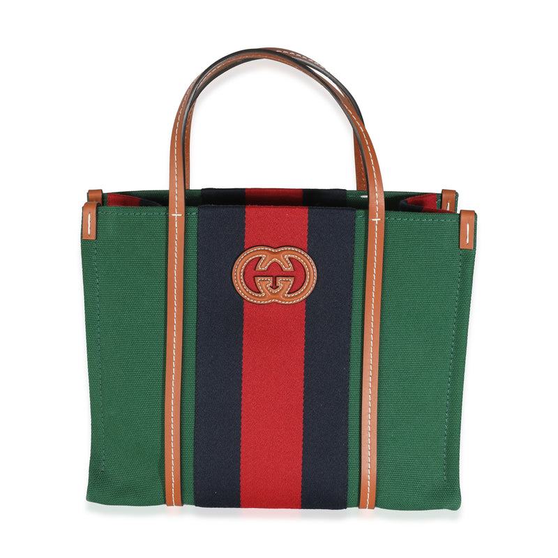 Brown Calfskin Green Red Canvas Web Small Interlocking G Tote