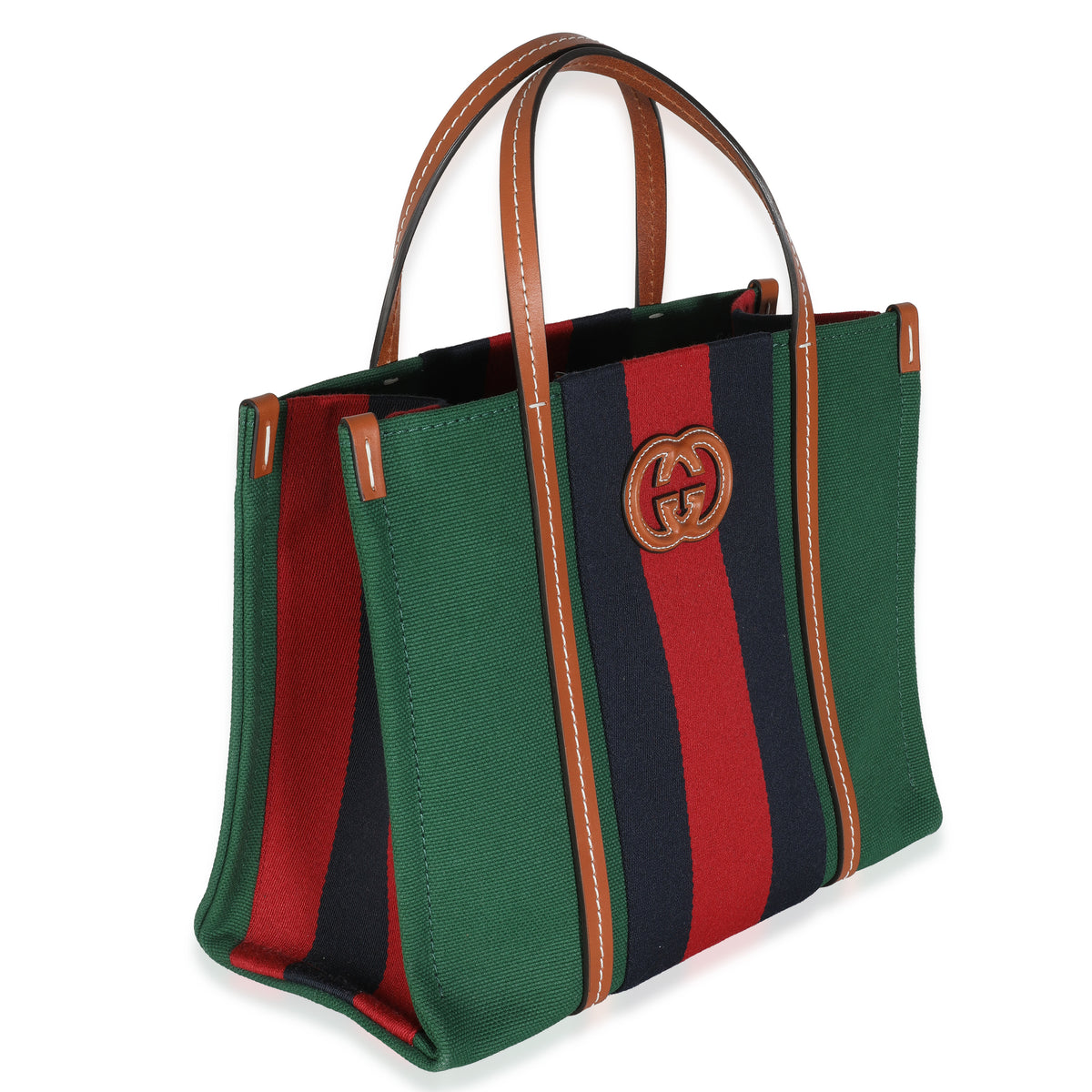 Brown Calfskin Green Red Canvas Web Small Interlocking G Tote