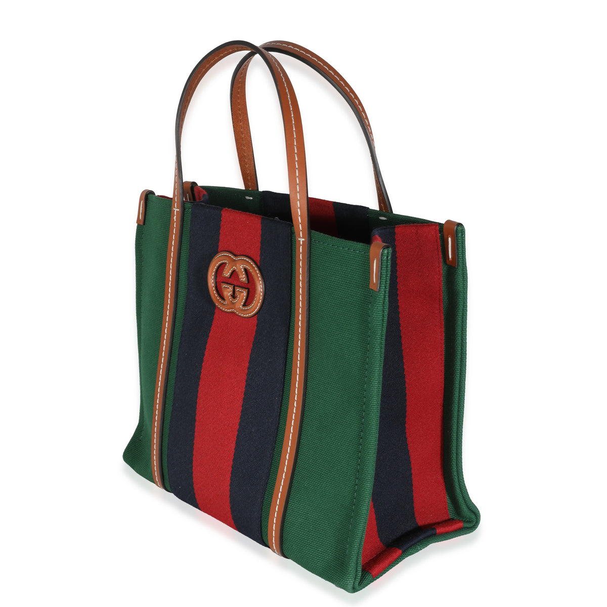 Brown Calfskin Green Red Canvas Web Small Interlocking G Tote