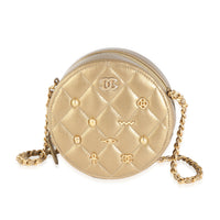 Gold Metallic Lambskin Round Amulet Round Clutch With Chain