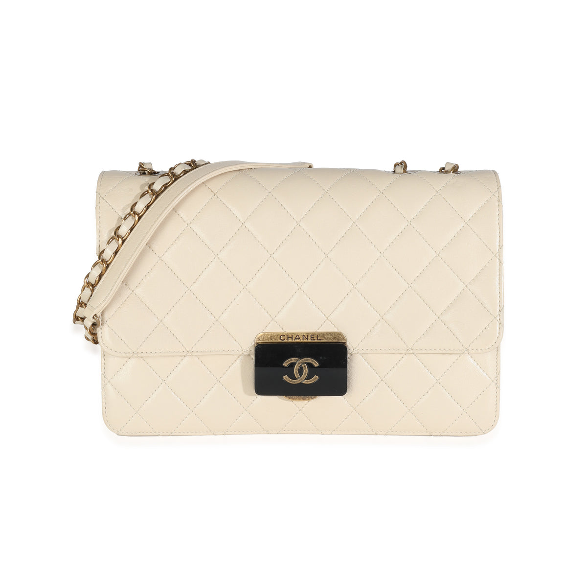 Beige Quilted Sheepskin Beauty Lock Flap Bag