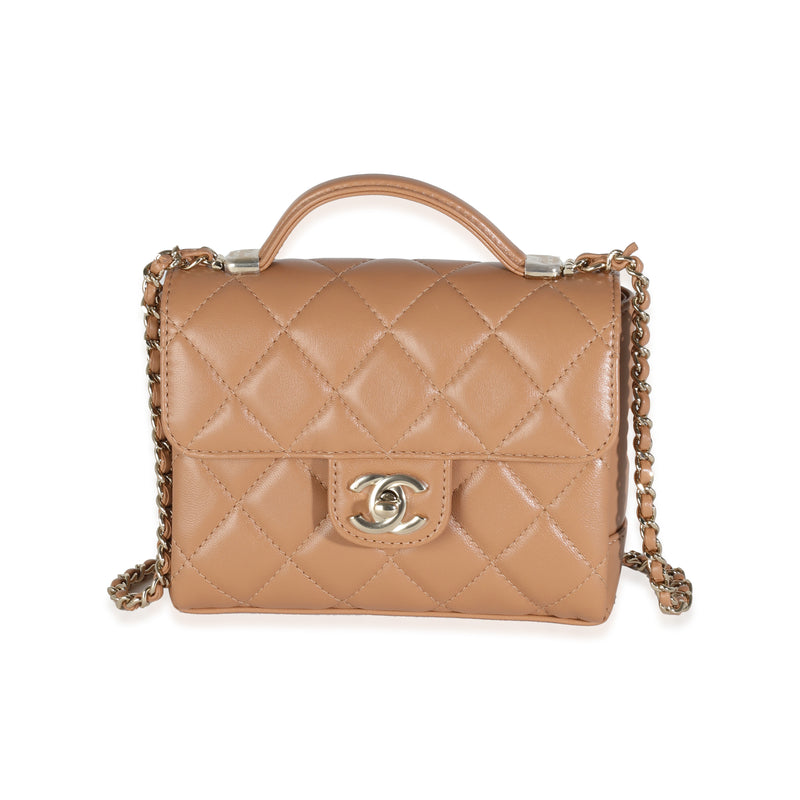 Dark Beige Quilted Lambskin Mini Flap With Top Handle