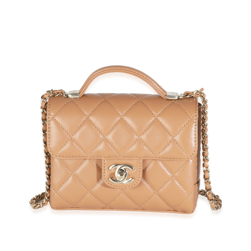 Dark Beige Quilted Lambskin Mini Flap With Top Handle