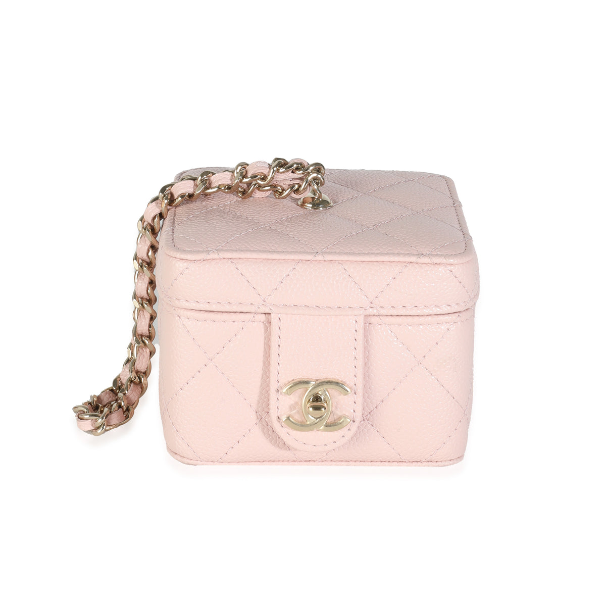Light Pink Quilted Caviar Mini Vanity Wrist Case With Chain