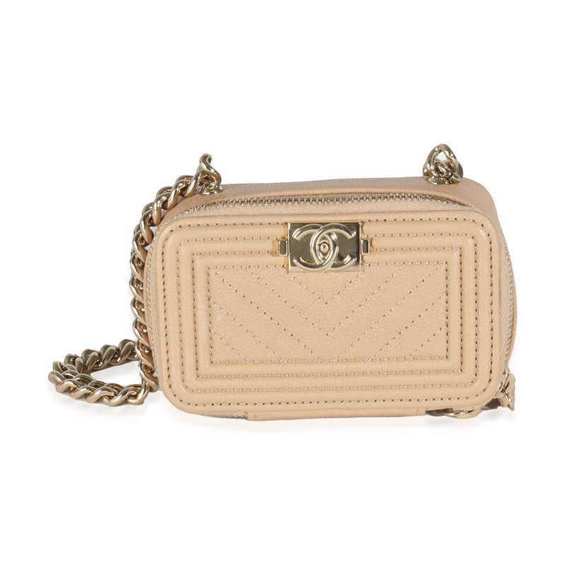 22S Beige Caviar Chevron Quilted Mini Boy Clutch Handbag With Chain