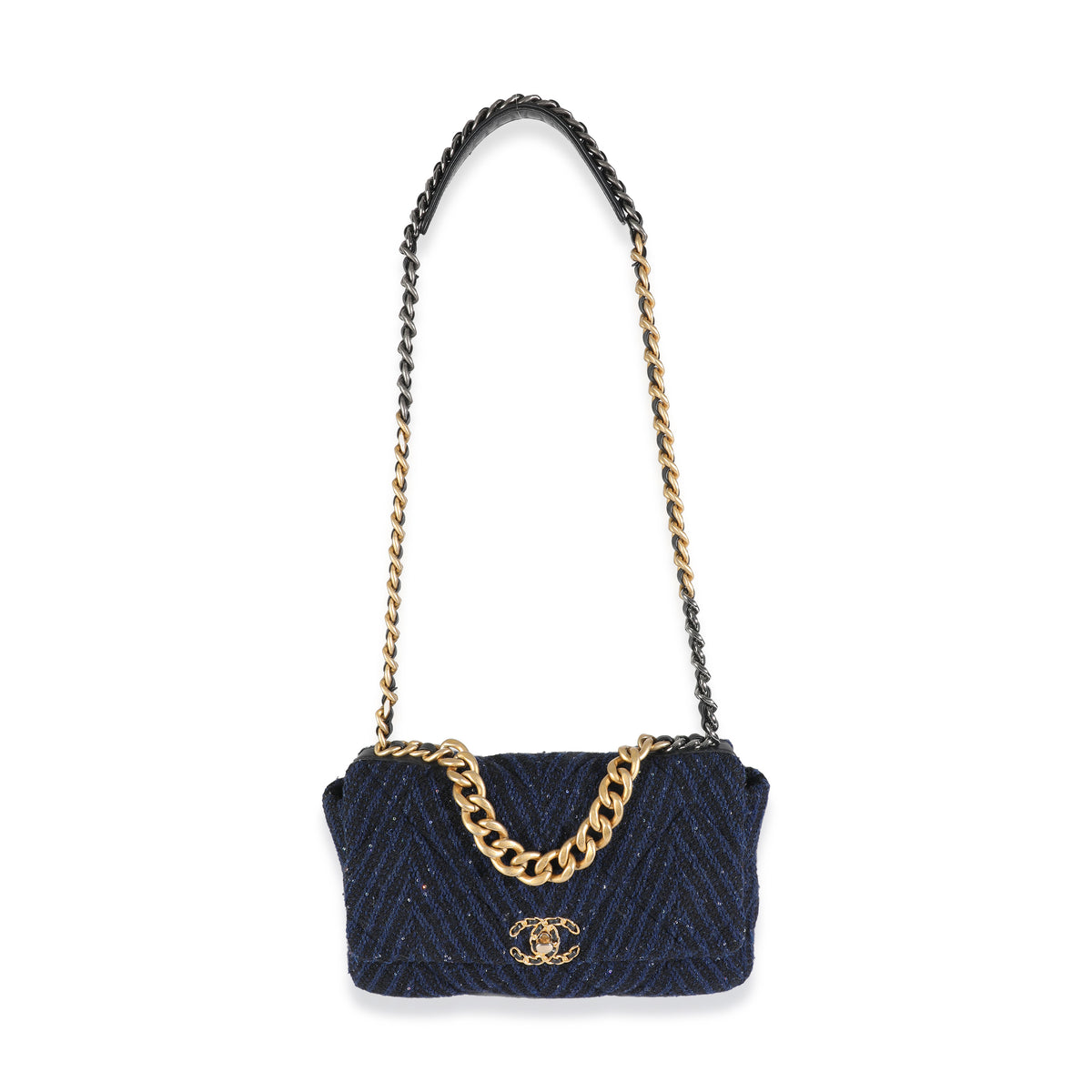 Navy Chevron Tweed Sequin Large Chanel 19 Flap Bag