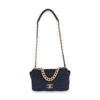 Navy Chevron Tweed Sequin Large Chanel 19 Flap Bag