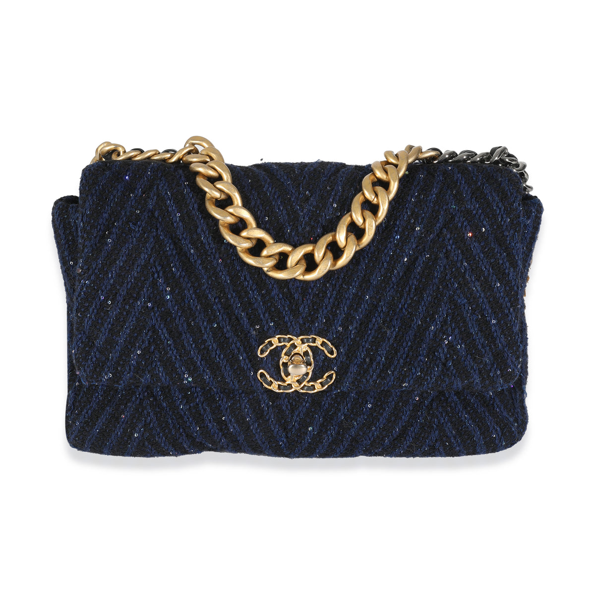 Navy Chevron Tweed Sequin Large Chanel 19 Flap Bag