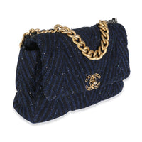 Navy Chevron Tweed Sequin Large Chanel 19 Flap Bag