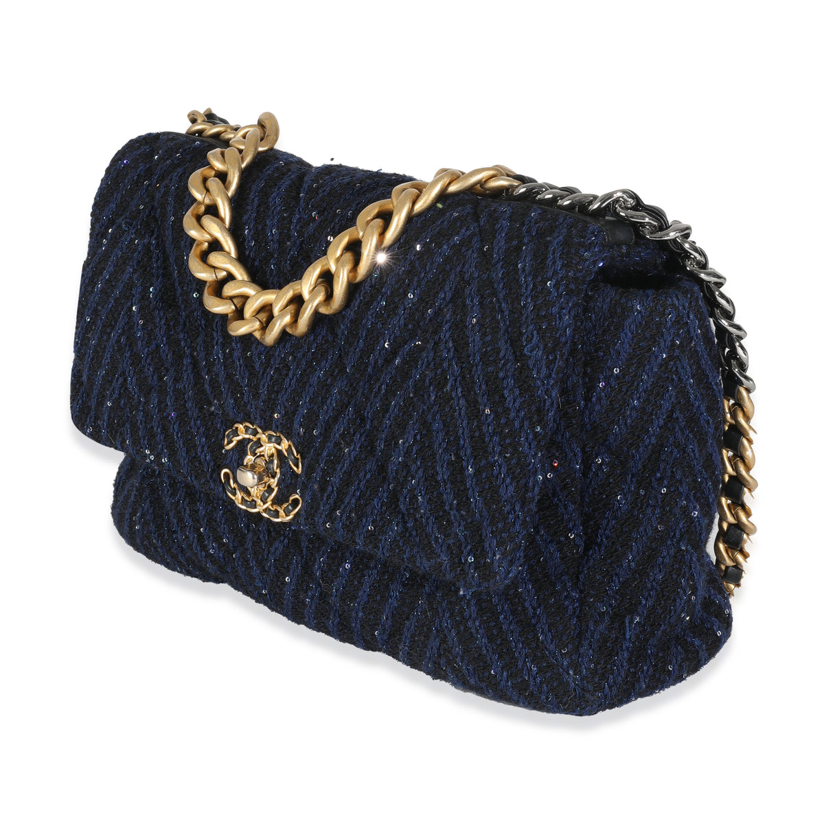 Navy Chevron Tweed Sequin Large Chanel 19 Flap Bag