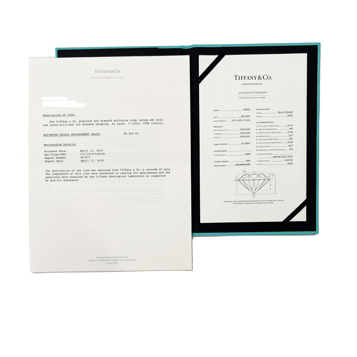 Tiffany & Co. 0.81 ct Round Brilliant Diamond Engagement Ring box