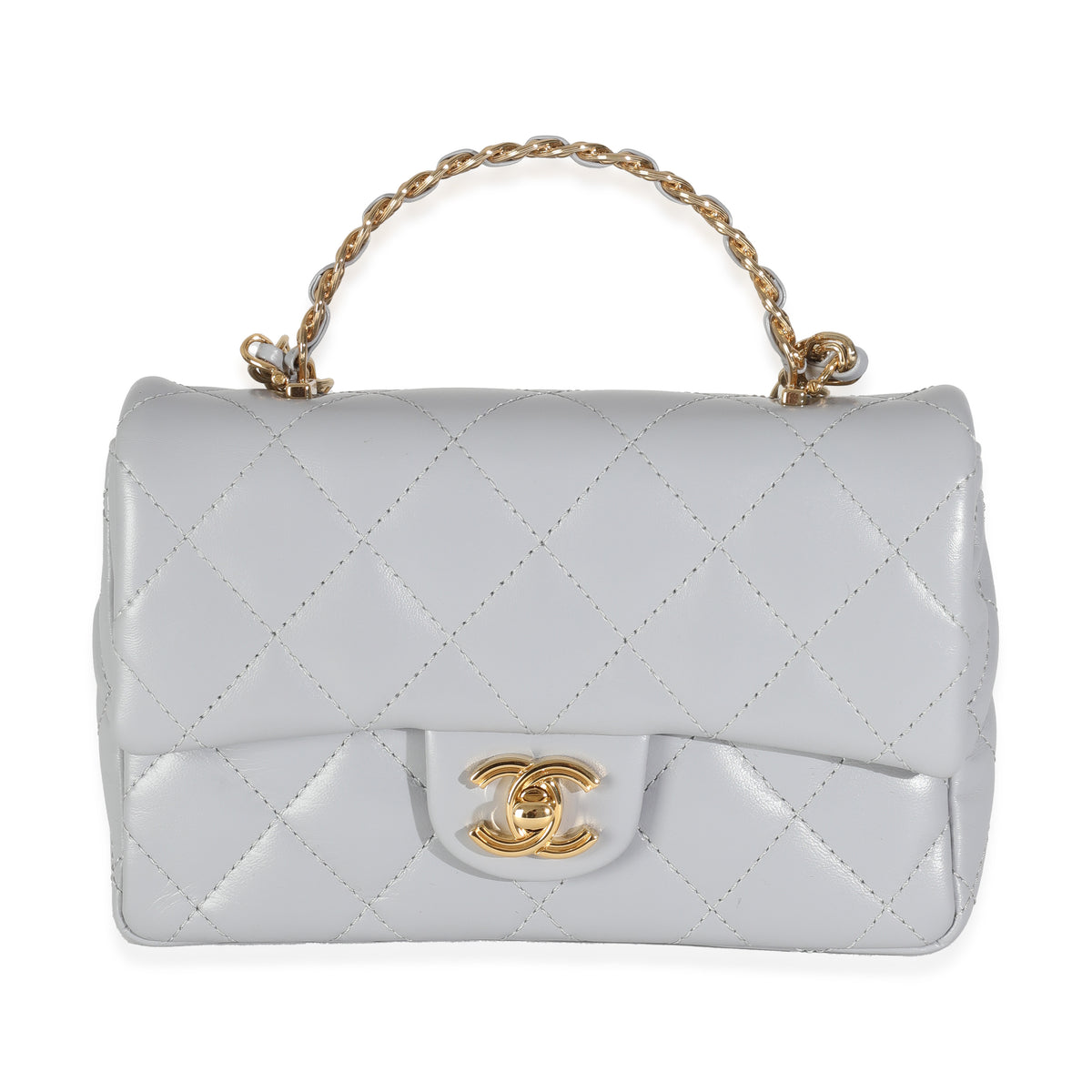 23B Grey Quilted Shiny Lambskin Mini CC Top Handle Flap Bag