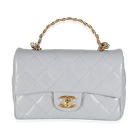 23B Grey Quilted Shiny Lambskin Mini CC Top Handle Flap Bag