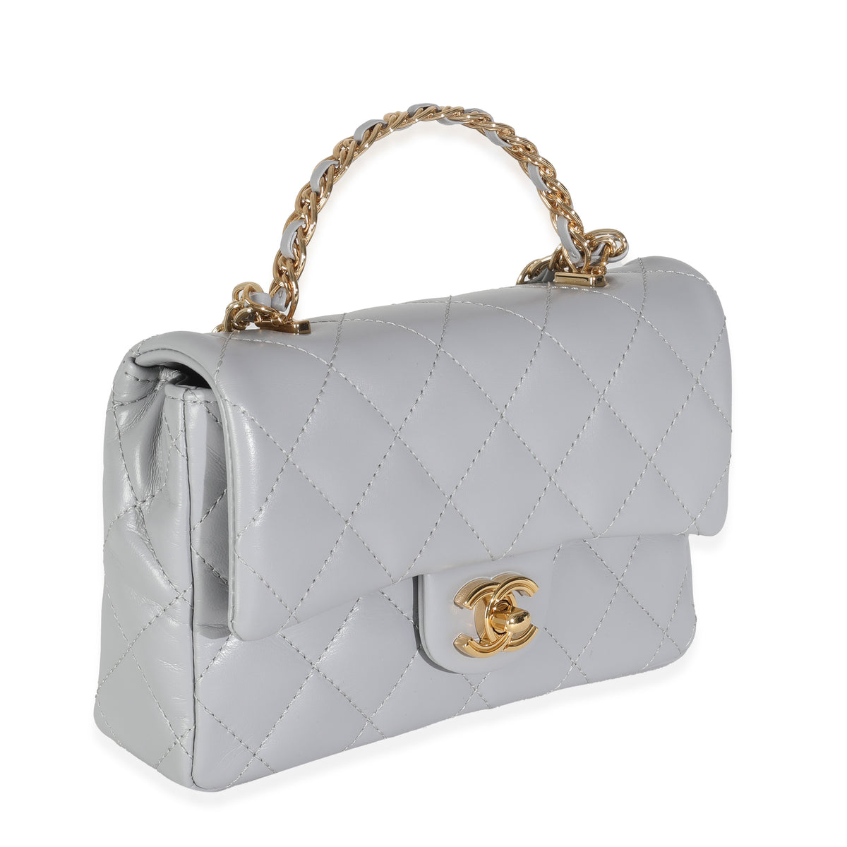 23B Grey Quilted Shiny Lambskin Mini CC Top Handle Flap Bag