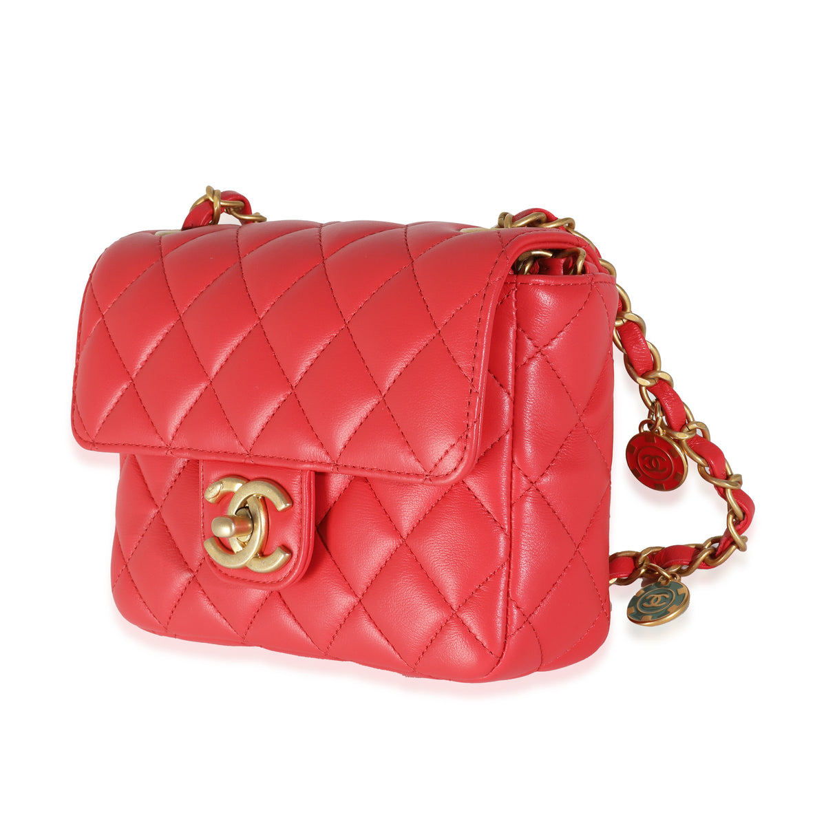 Chanel Red Quilted Lambskin Coco Pins Mini Flap Bag Handbag sv