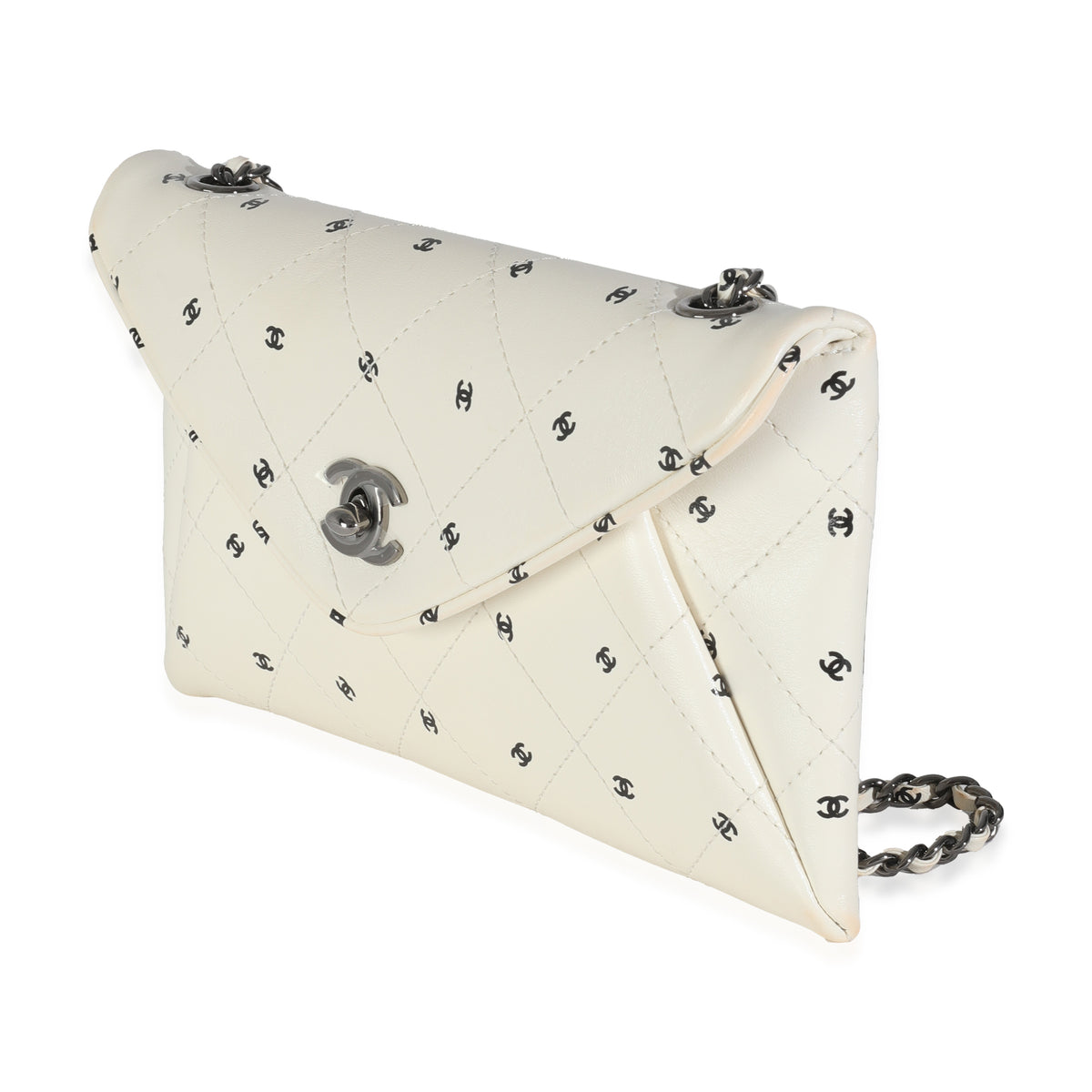 Chanel White Lambskin CC Logo Envelope Clutch With Chain Handbag sv