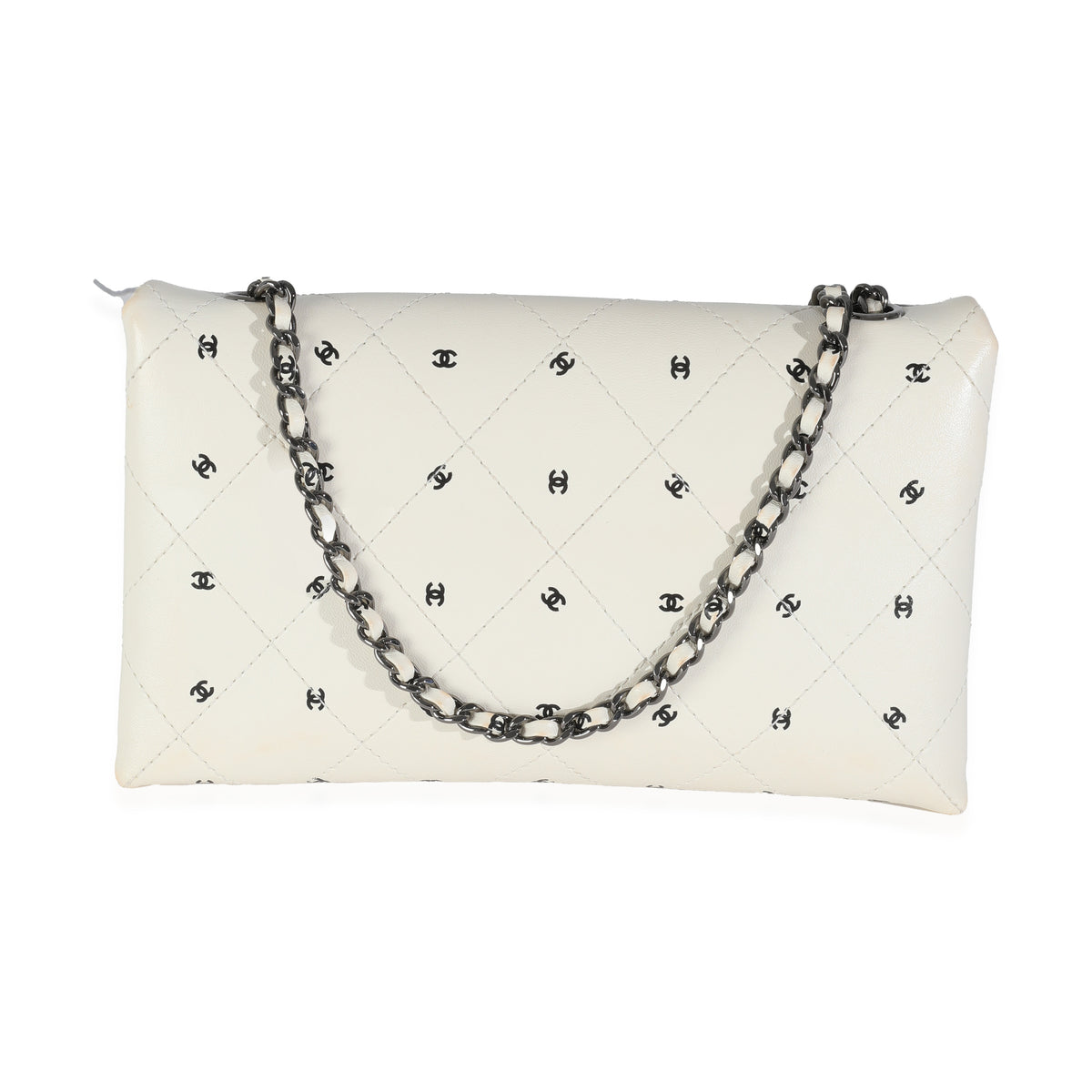 White Lambskin CC Logo Envelope Clutch With Chain