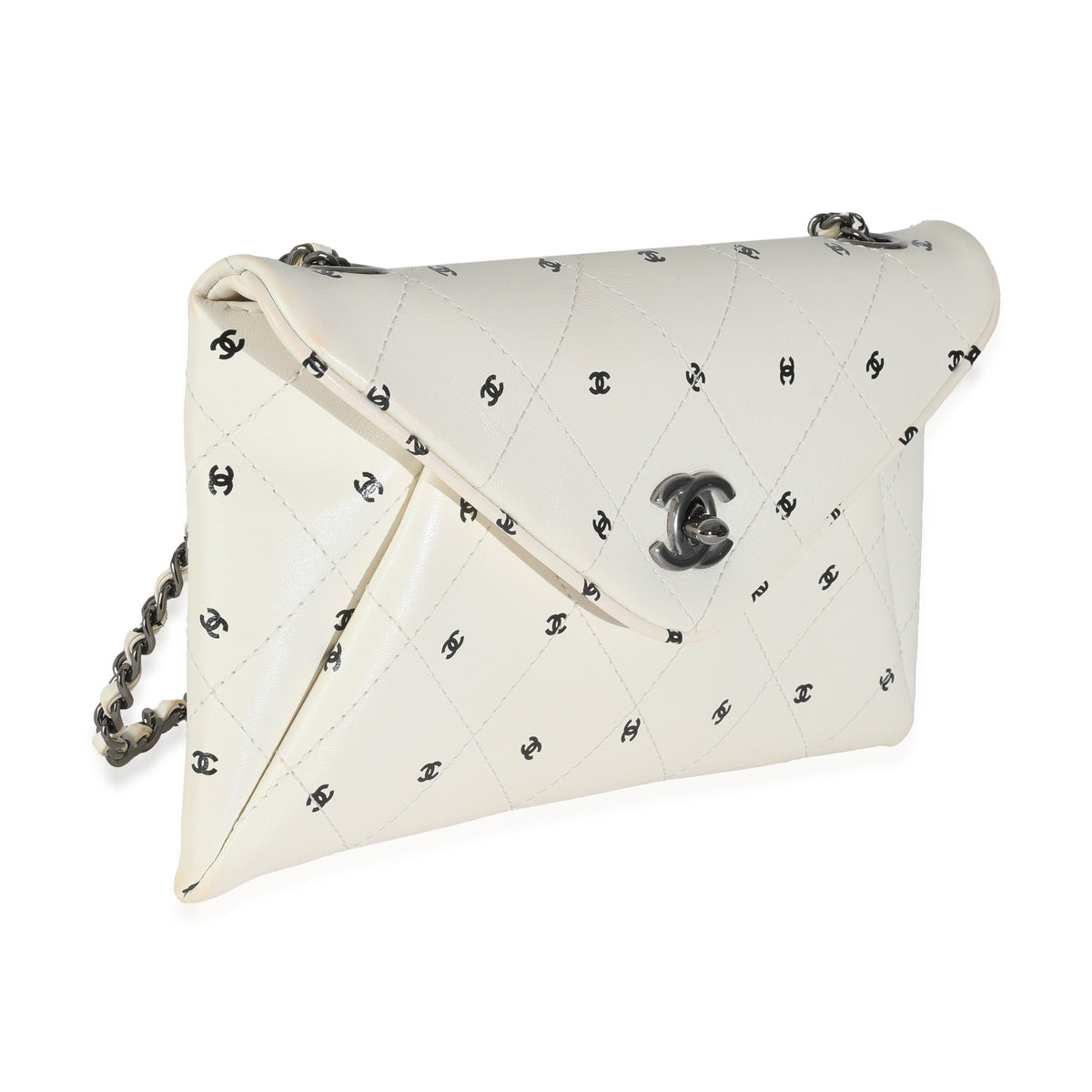 White Lambskin CC Logo Envelope Clutch With Chain