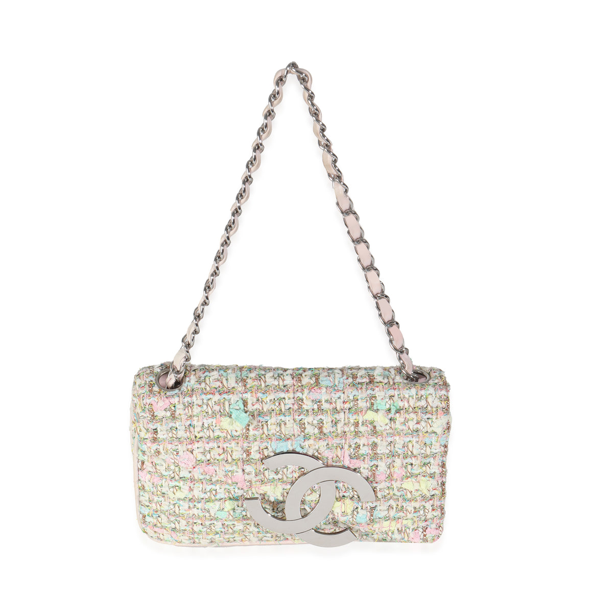 Vintage Pink Green Tweed Diagonal CC Flap Bag