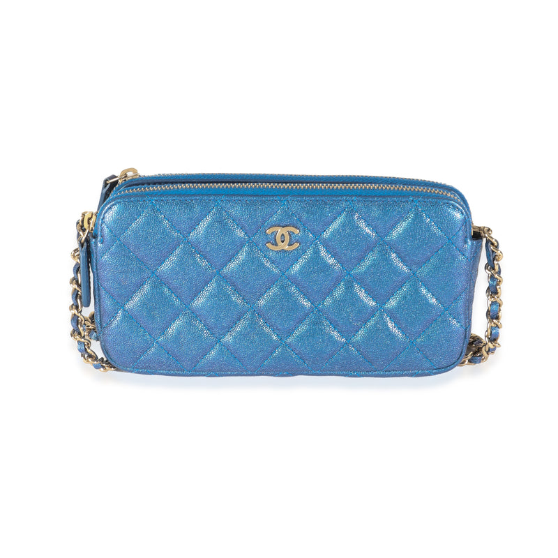 Blue Iridescent Quilted Caviar Small Clutch With Chain