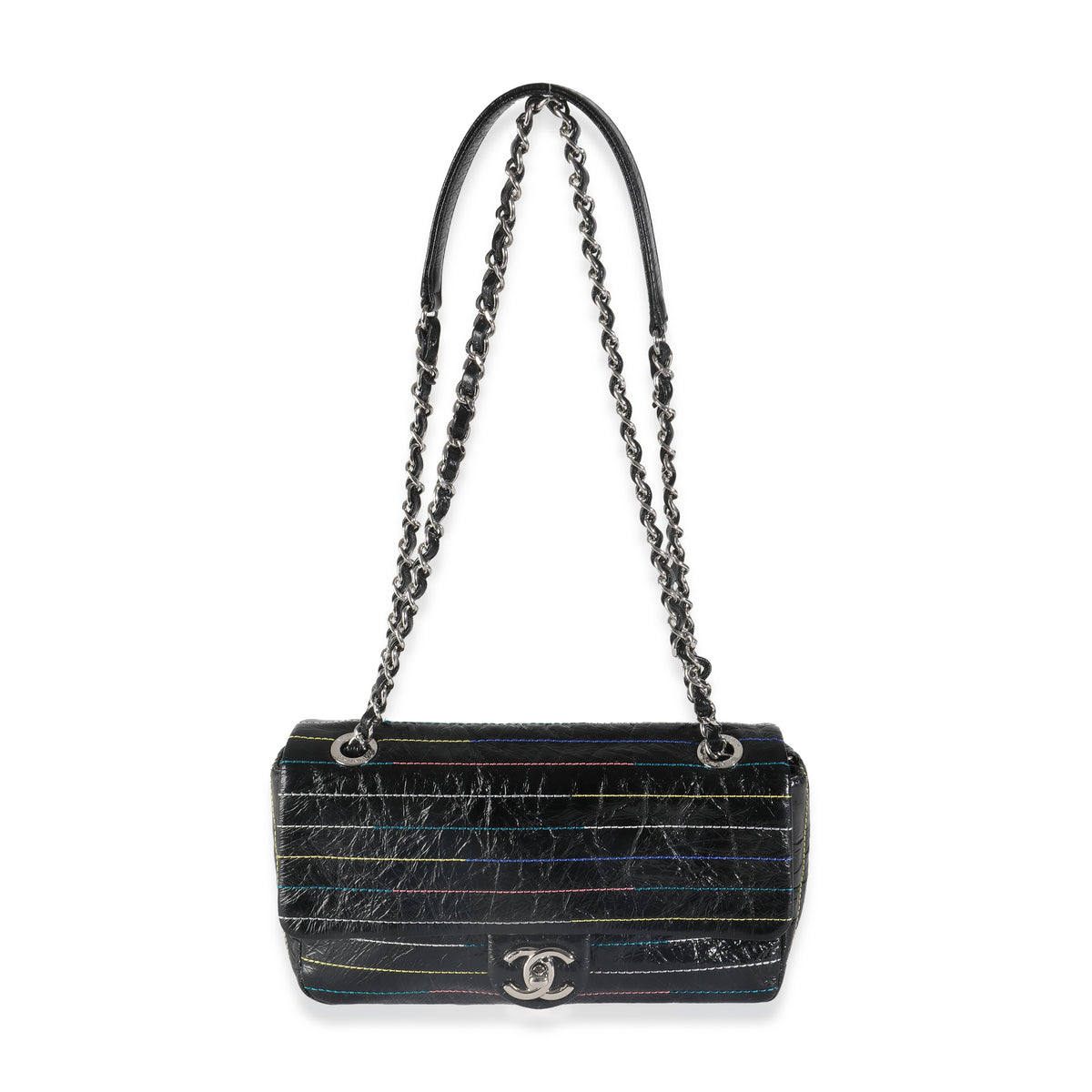 Black Crinkle Patent Multicolor Stitch Single Flap Bag