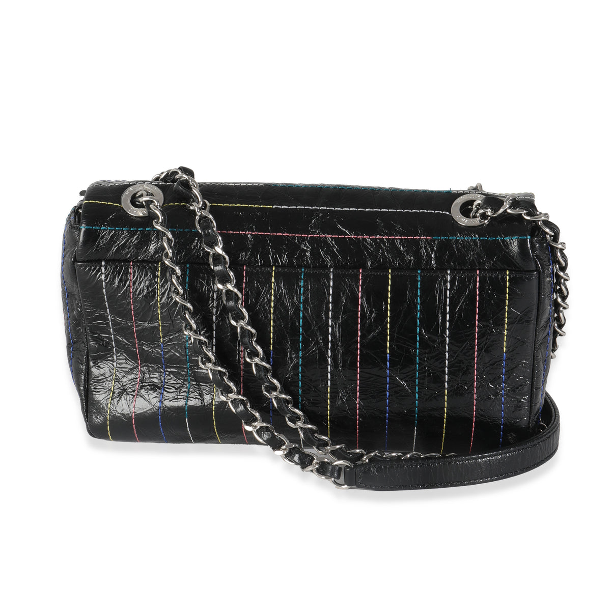 Black Crinkle Patent Multicolor Stitch Single Flap Bag