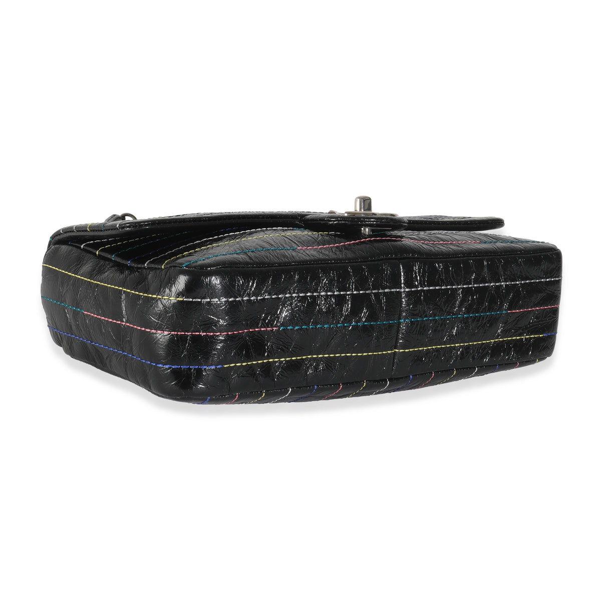 Black Crinkle Patent Multicolor Stitch Single Flap Bag