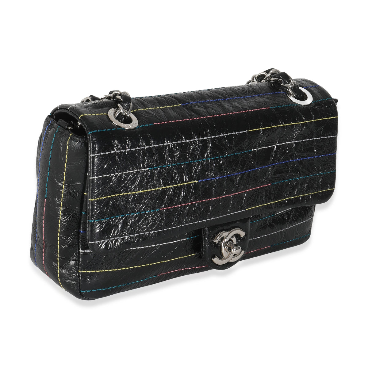 Black Crinkle Patent Multicolor Stitch Single Flap Bag