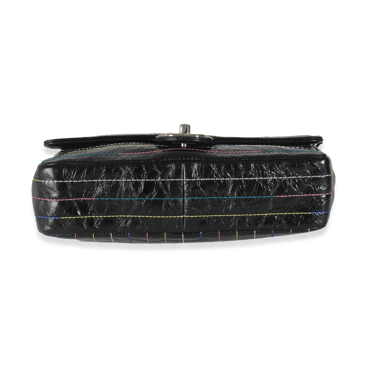 Black Crinkle Patent Multicolor Stitch Single Flap Bag