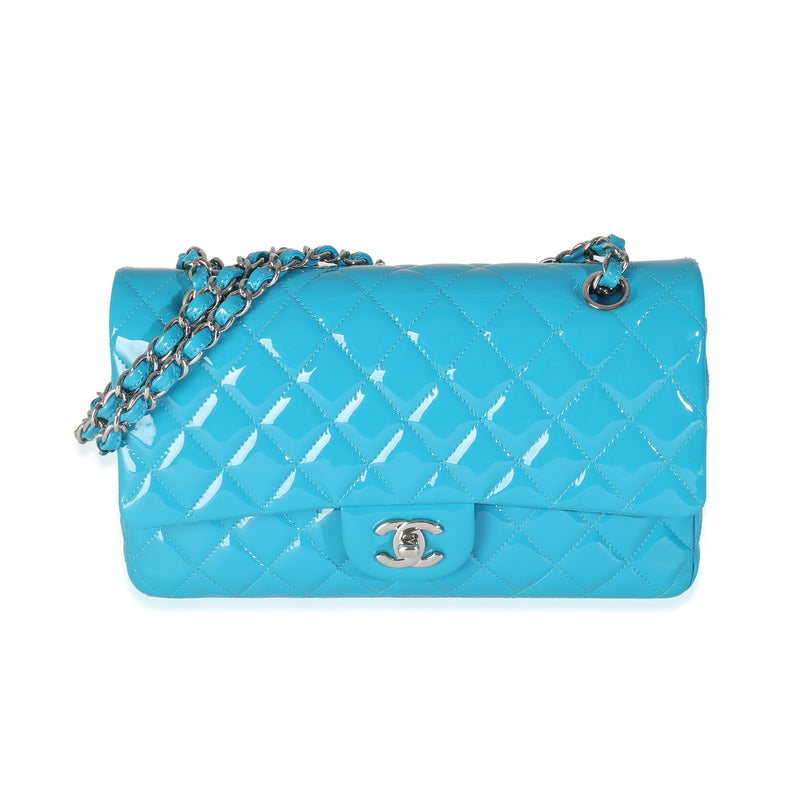 Blue Quilted Patent Medium Classic Double Flap Bag