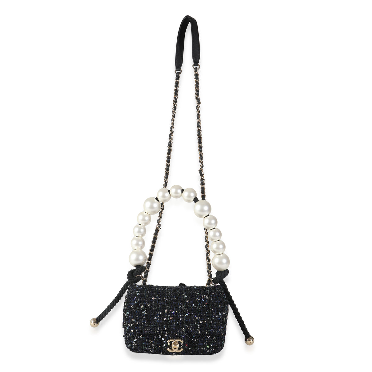 Black Ecru Tweed Mini Pearl Handle Flap Bag