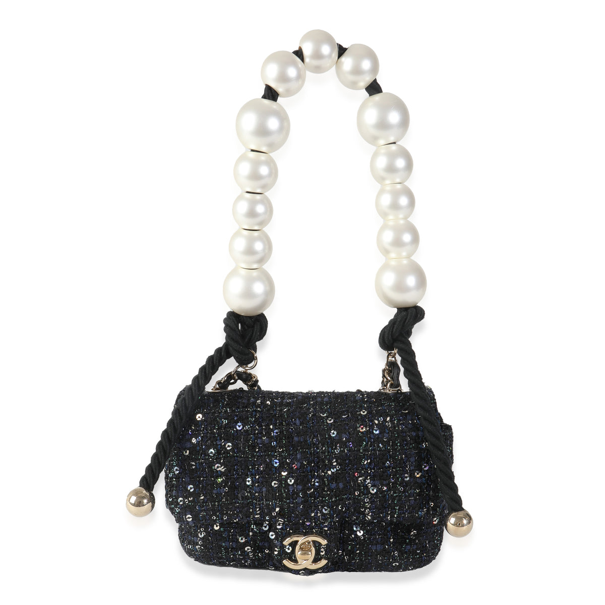 Black Ecru Tweed Mini Pearl Handle Flap Bag