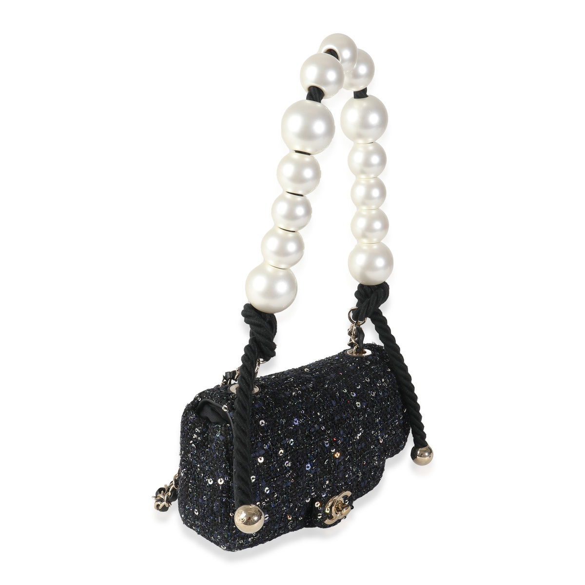 Black Ecru Tweed Mini Pearl Handle Flap Bag
