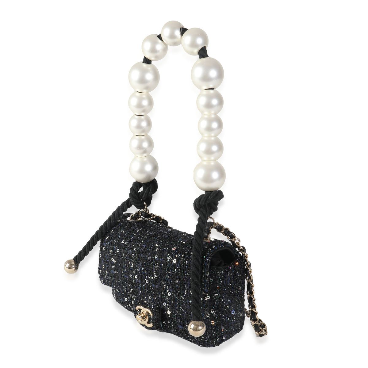 Black Ecru Tweed Mini Pearl Handle Flap Bag