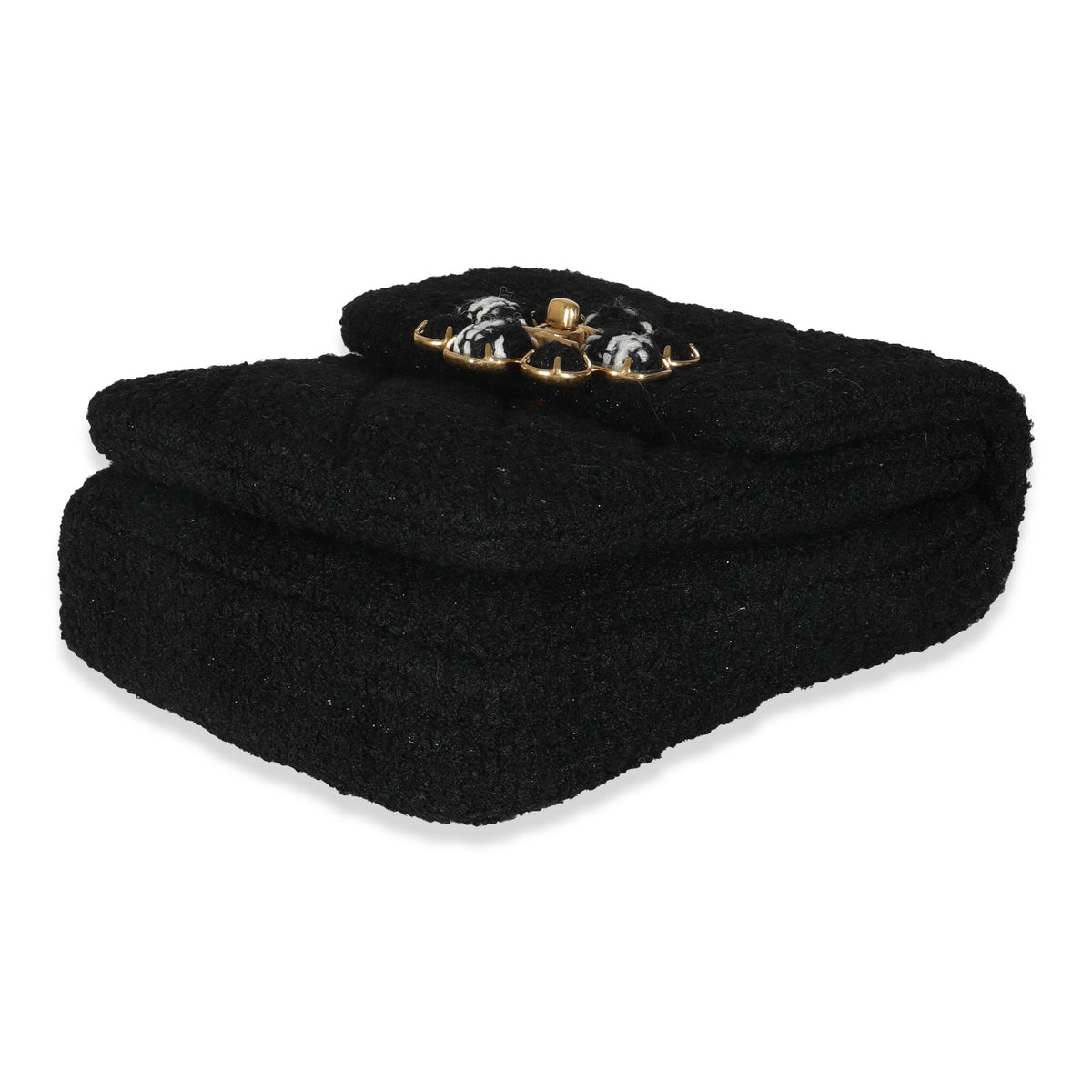 Black Wool Tweed Camellia Flower Mini Flap Bag