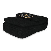 Black Wool Tweed Camellia Flower Mini Flap Bag