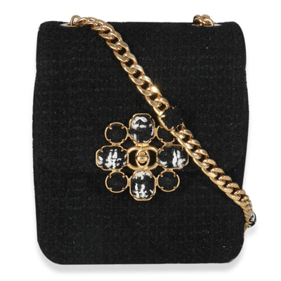 Black Wool Tweed Camellia Flower Mini Flap Bag
