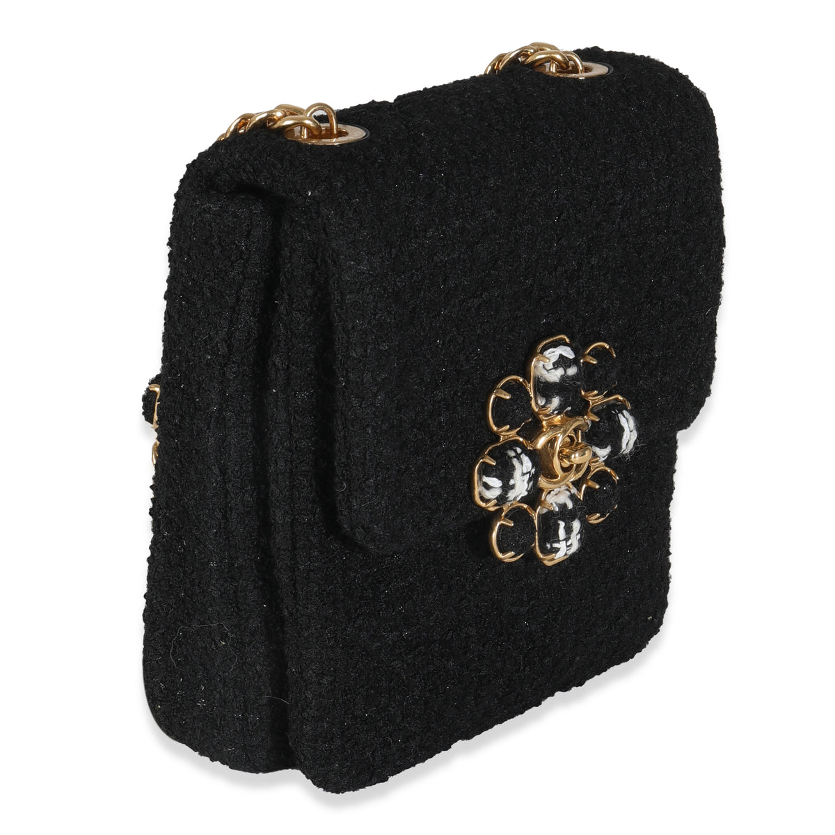 Black Wool Tweed Camellia Flower Mini Flap Bag