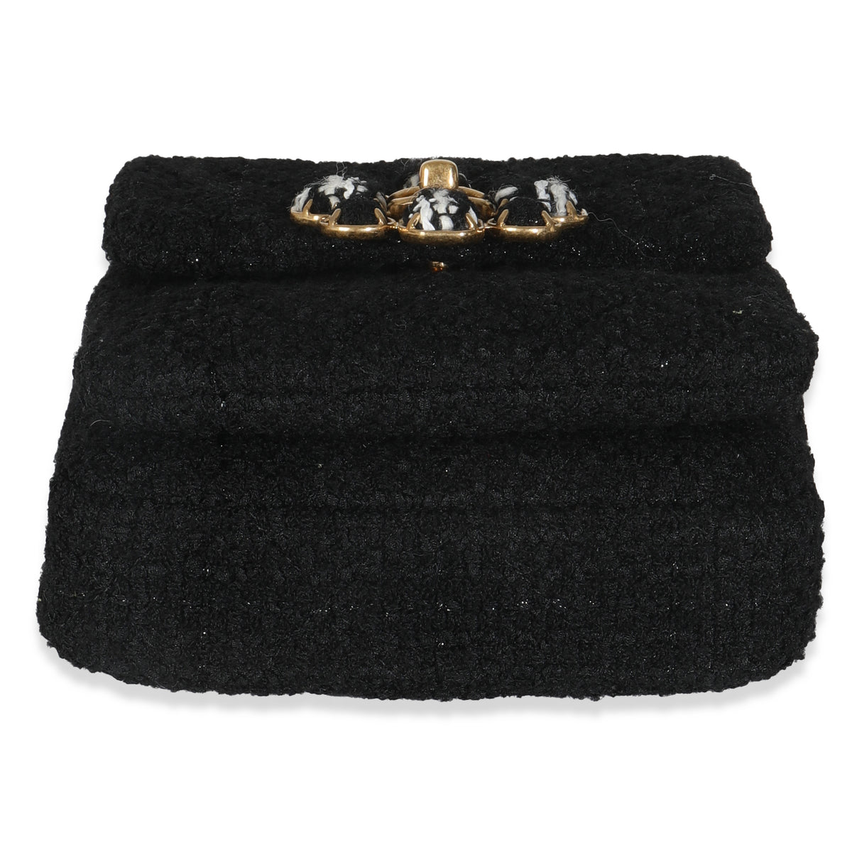 Black Wool Tweed Camellia Flower Mini Flap Bag