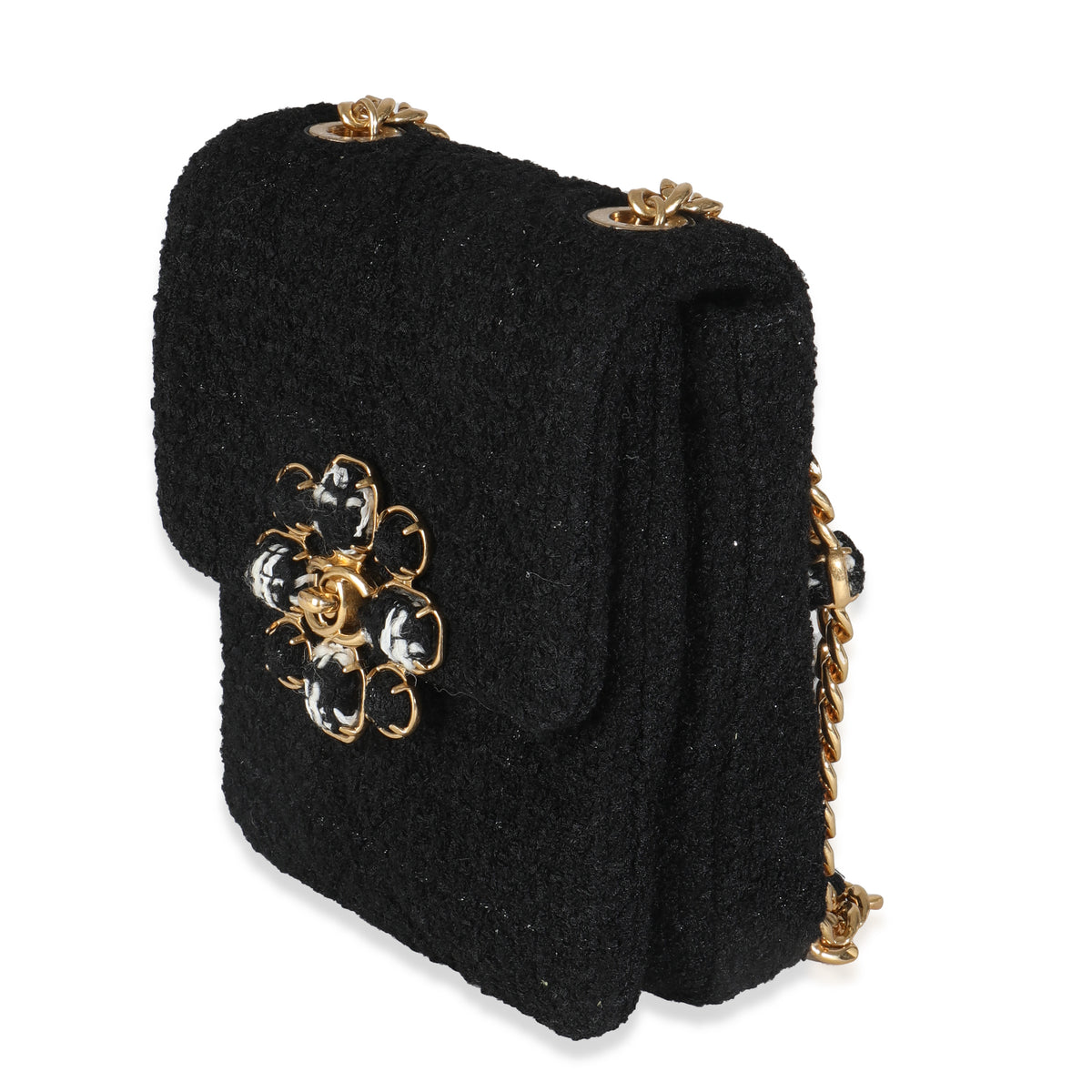 Black Wool Tweed Camellia Flower Mini Flap Bag