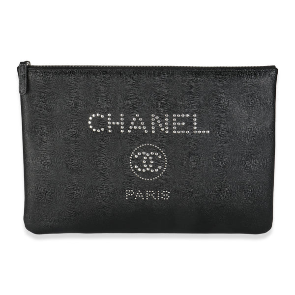 18P Black Caviar Studded Large Deauville Clutch Handbag