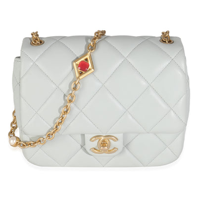 Light Blue Quilted Lambskin Jeweled Charm Me Square Flap Bag