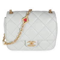 Light Blue Quilted Lambskin Jeweled Charm Me Square Flap Bag