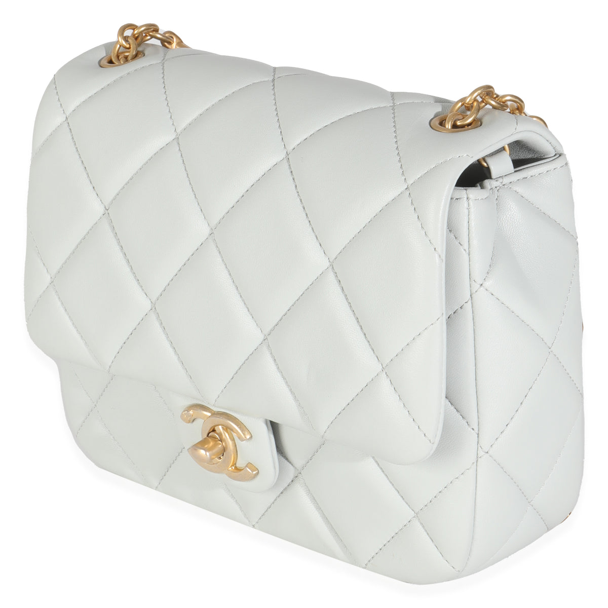 Light Blue Quilted Lambskin Jeweled Charm Me Square Flap Bag