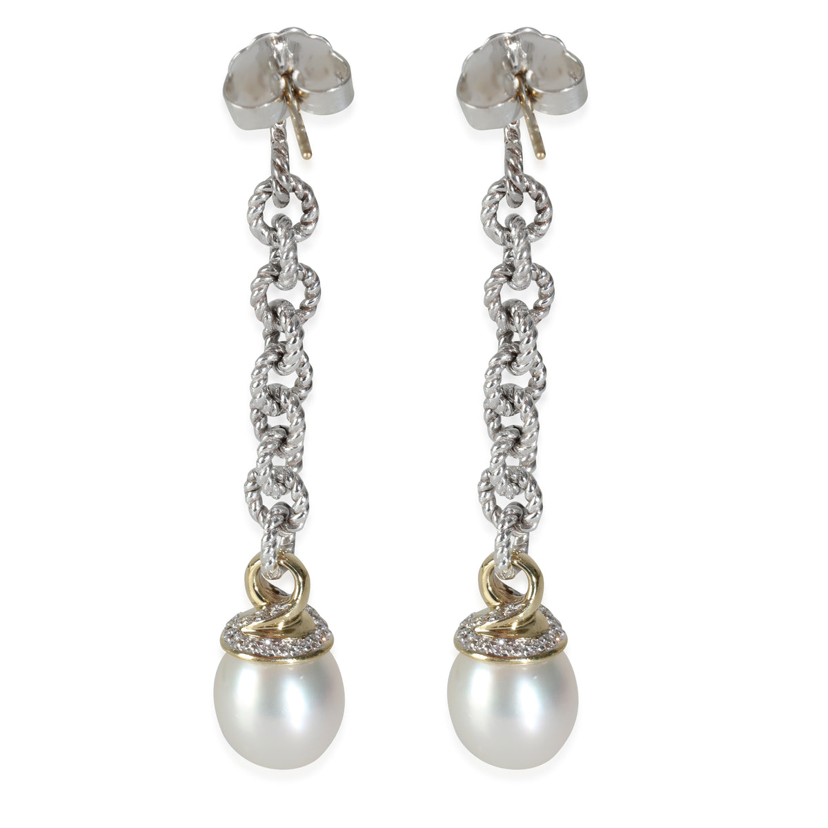 Yellow Gold & Sterling Silver Pearl and Diamond Earrings
